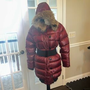 Moncler Burgundy Hooded Puffer Jacket with Faux Fur Trim